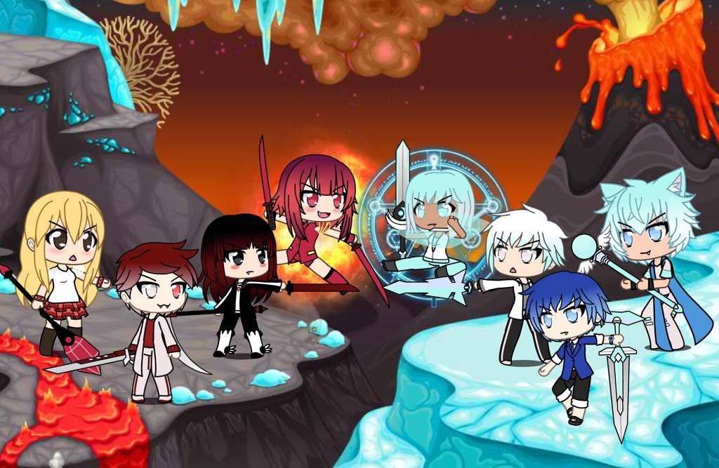 Gacha Life Fire Vs Ice wallpaper with chibi warriors battling volcanic lava and frozen terrain
