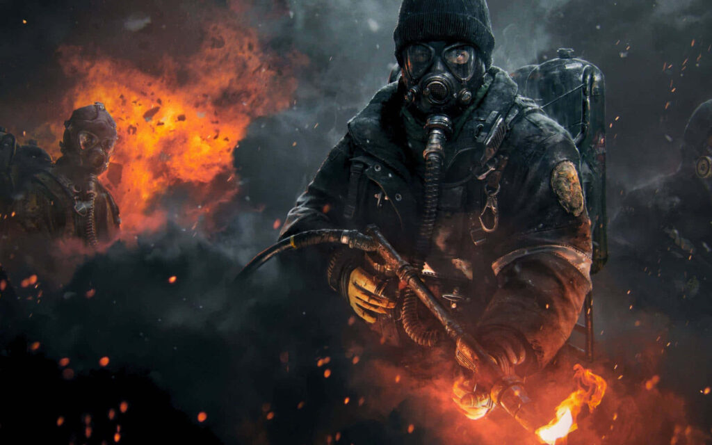 Epic Gaming Wallpaper: Gas Mask Warrior in Fiery Battle Scene