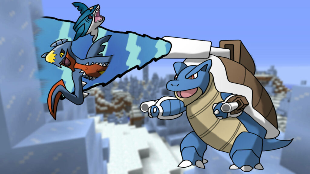 Epic Pokémon battle wallpaper Garchomp and Sharpedo vs Blastoise in snowy landscape background