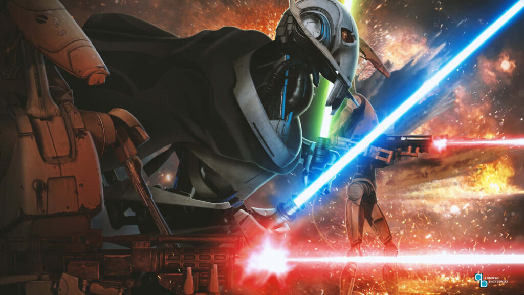 Intense General Grievous Battle Wallpaper with Lightsabers