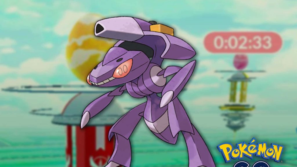 Genesect Pokémon GO raid wallpaper with timer and Gym background for legendary raid fans