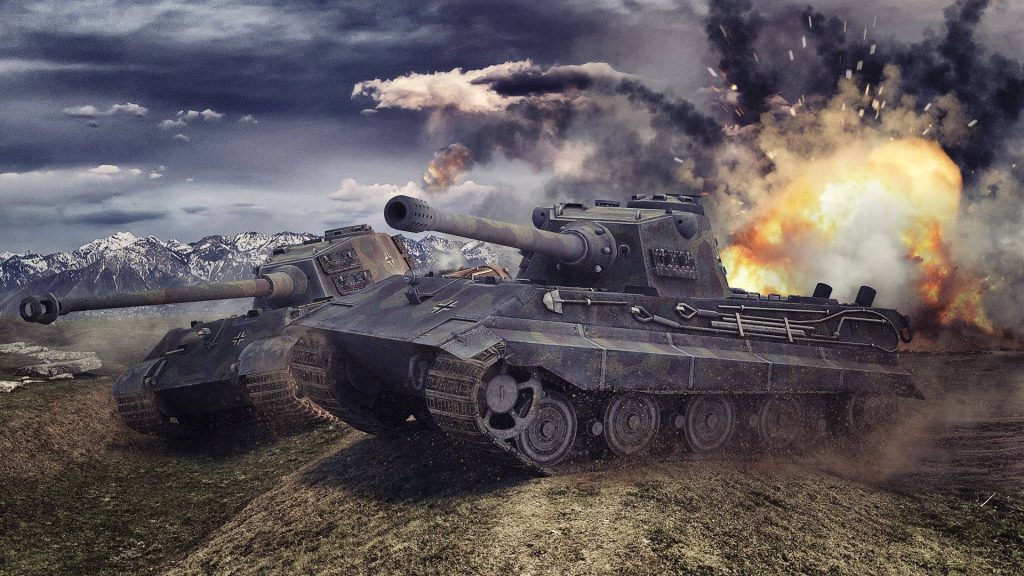 Two German Tiger II tanks battle amid fiery explosion and stormy mountain backdrop wallpaper