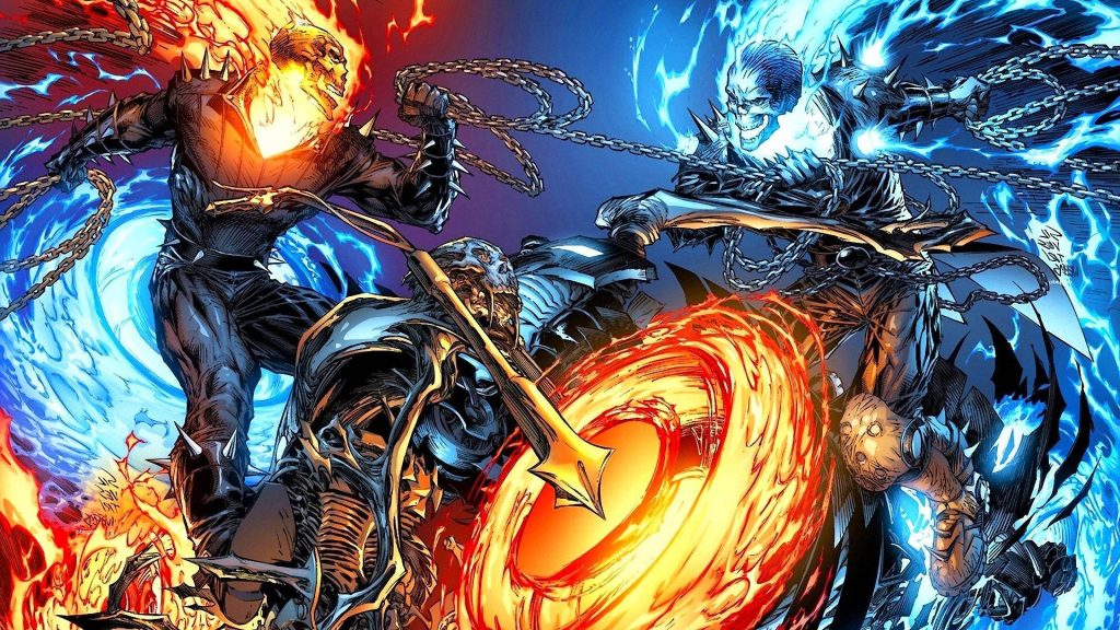 Epic clash between classic Ghost Rider and Blue Ghost Rider with vibrant flames and chains Wallpaper