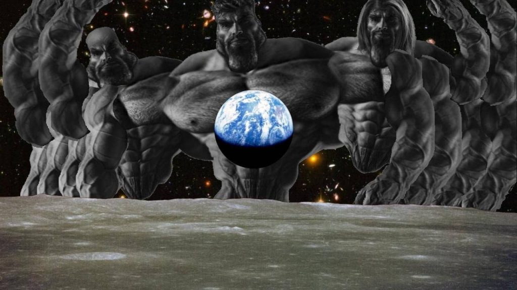 Surreal GigaChad cosmic wallpaper with multi-figured meme art over Earth from lunar surface