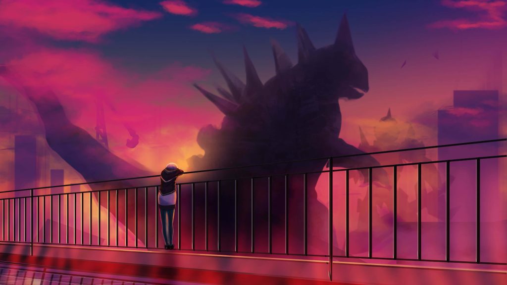 Colossal Godzilla silhouette over city at sunset with lone figure on bridge vibrant anime art wallpaper