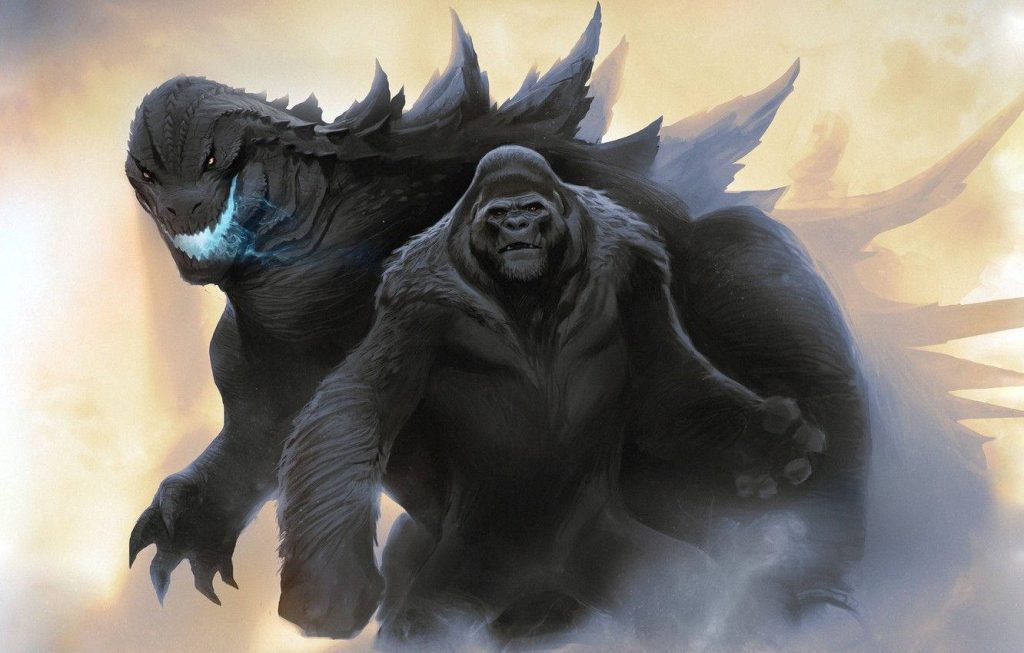 Godzilla and Kong standing side by side with blue energy glow in cinematic wallpaper background