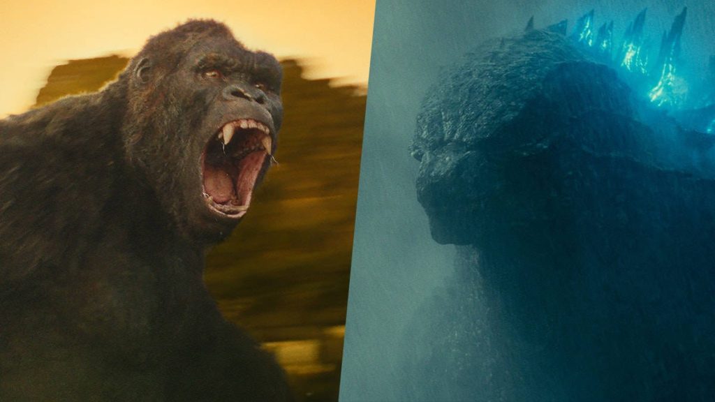 Godzilla with glowing blue fins faces roaring Kong in golden light epic MonsterVerse battle wallpaper