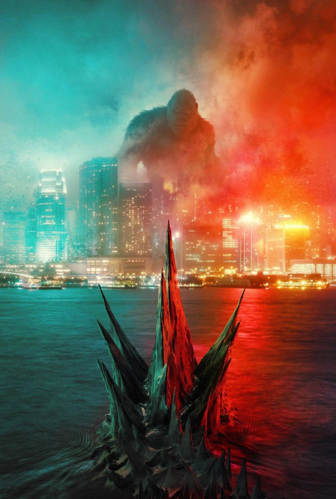 Godzilla and Kong battle in neon city with glowing dorsal plates cinematic Monsterverse wallpaper