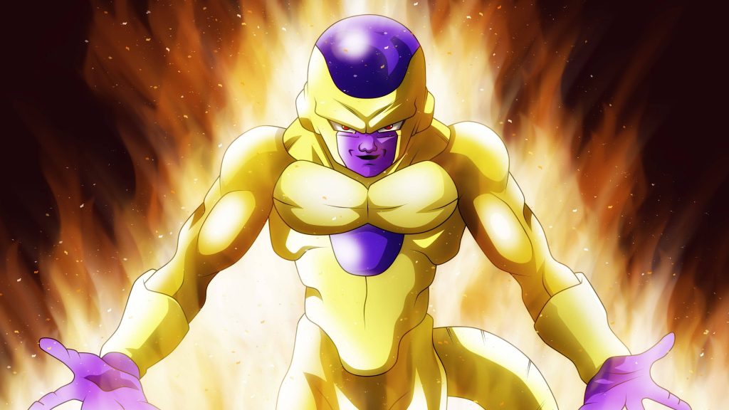 Golden Frieza Dragon Ball wallpaper with fiery aura and intense glowing sparks background