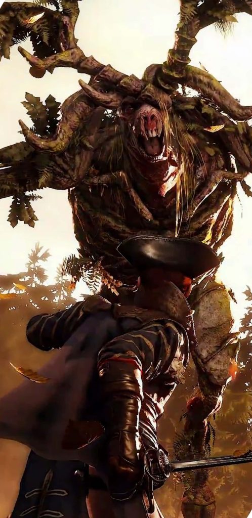Epic GreedFall 3D wallpaper showing colonial adventurer battling giant forest Guardian in autumn light