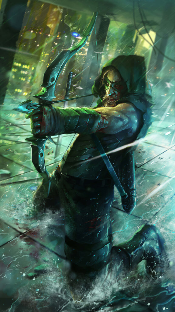 Dynamic Green Arrow HD Wallpaper: Urban Action Scene with Rain