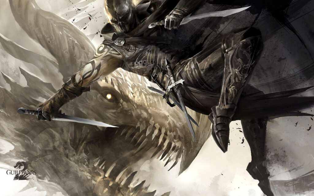 Dynamic Guild Wars 2 Thief with Daggers and Fearsome Dragon Wallpaper