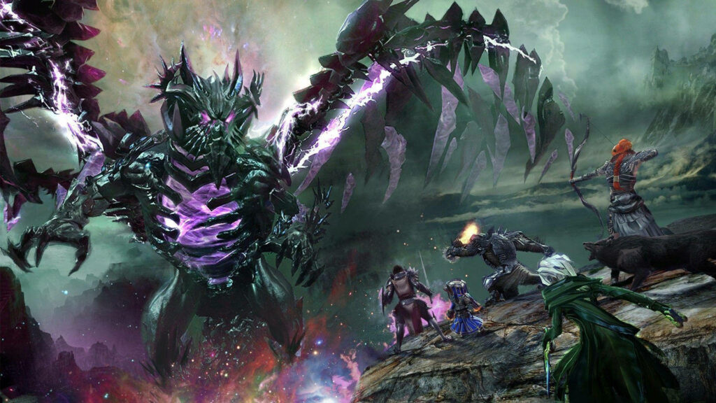 Epic Guild Wars 2 Dragon Battle Wallpaper: Adventurers vs. Skeletal Beast