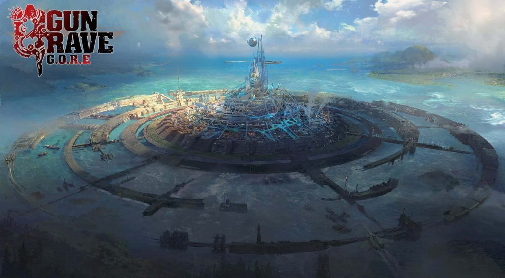 Epic Gungrave Gore wallpaper of futuristic circular metropolis with towering central spire and ocean background