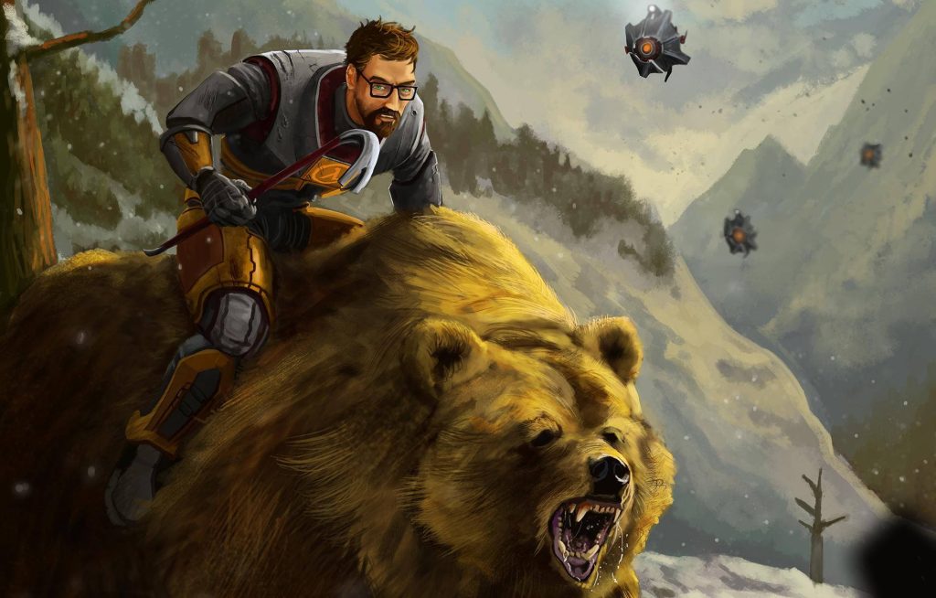 Gordon Freeman in HEV suit rides roaring bear snowy mountains chased by Combine Scanners wallpaper