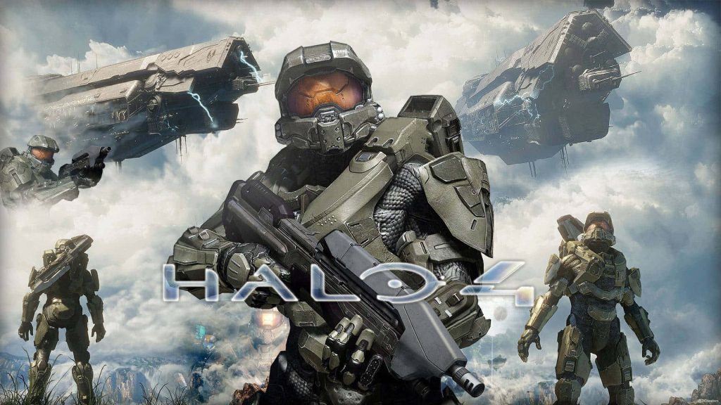 Halo 4 wallpaper with Master Chief Spartans UNSC Infinity cinematic sky digital art background