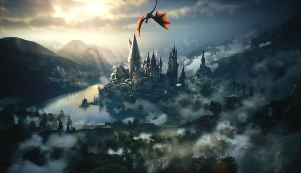 Dragon soaring above Hogwarts Castle with misty mountains and golden light cinematic wallpaper
