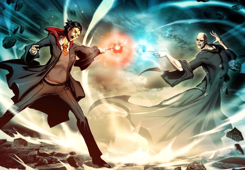 Epic anime-style wallpaper of Harry Potter vs Lord Voldemort wizard duel with energy beams