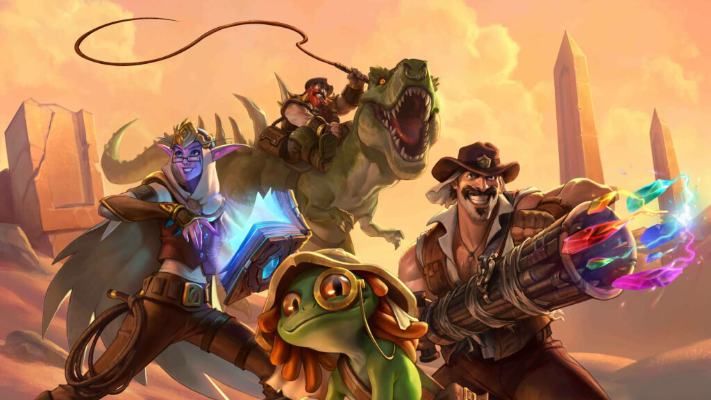 Epic Saviors of Uldum Wallpaper: Adventure in a Desert Battle Scene