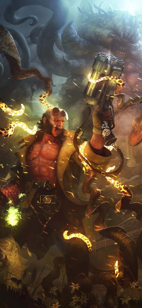 Epic Hellboy Wallpaper: Fierce Battle Amidst Chaos and Monsters