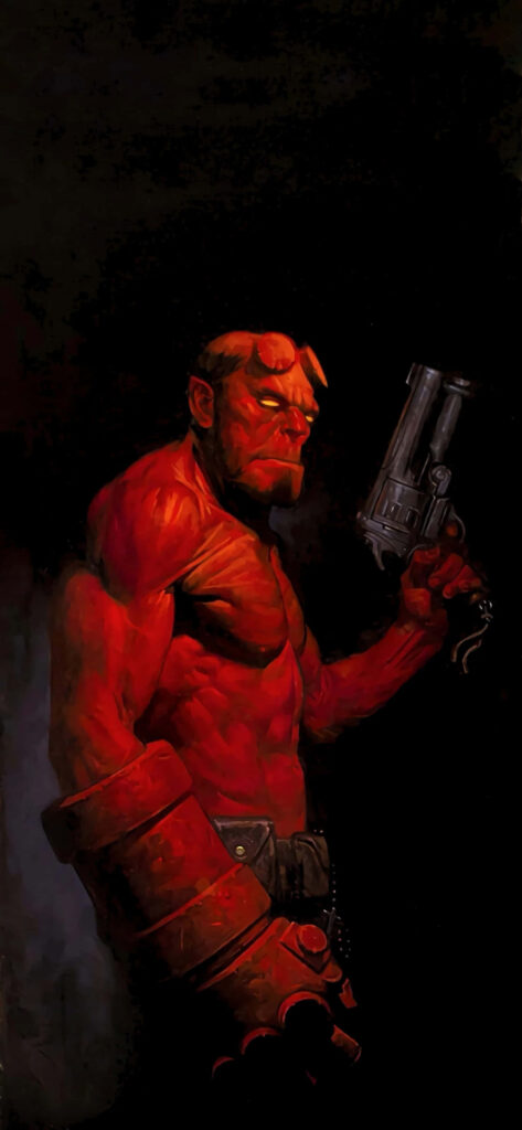 Powerful Hellboy Wallpaper: Iconic Red Skin & Horns with Dark Background