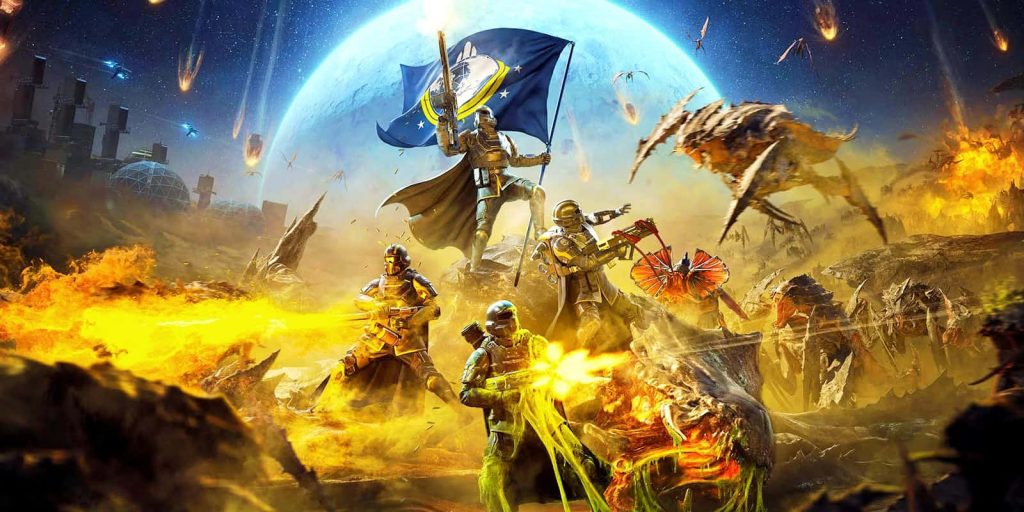 Helldivers 2 wallpaper showing armored soldiers battling insectoid Terminids with flamethrowers and rifles amid explosions