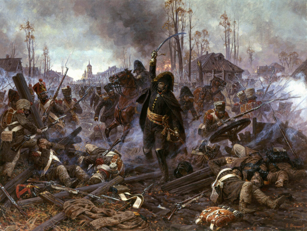 Dramatic historical battle wallpaper with soldiers fighting smoke fallen comrades and burning buildings