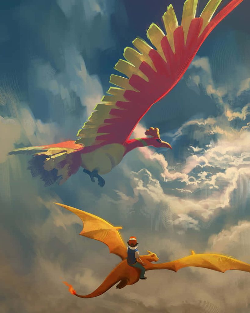 Ho-Oh soaring above clouds with Ash on Charizard vibrant Pokémon digital wallpaper background