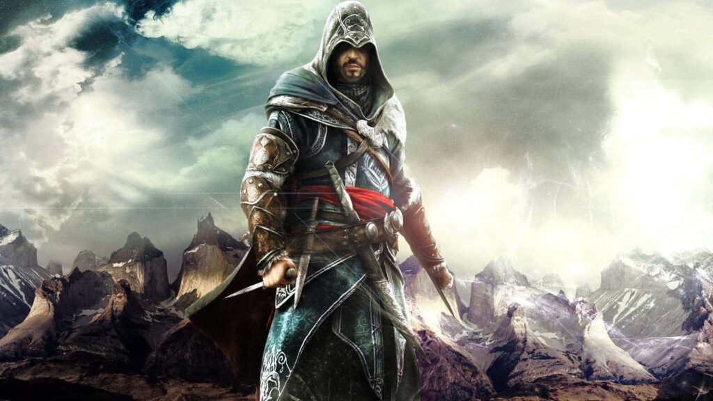 Hooded Armored Character in Epic Mountainous Fantasy Wallpaper