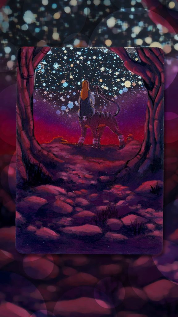 Houndoom digital wallpaper dark type Pokémon rocky path starry night sky purple red tones