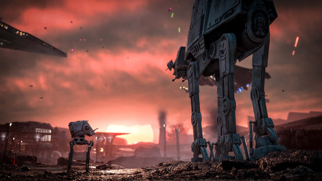 Imperial Empire AT-AT walking on rugged barren land under fiery sunset wallpaper background