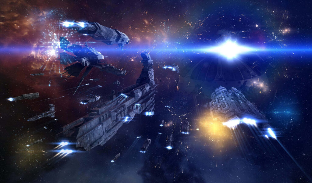 Epic Intergalactic Battle Wallpaper: Futuristic Spaceships in Space