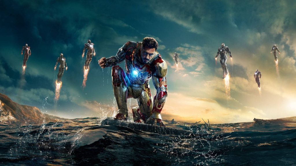 Iron Man 3 Mark 42 armor landing with House Party Protocol suits stormy sky wallpaper background