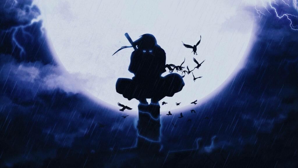 The Enigmatic Powerhouse: Itachi Uchiha Unveils his Might Amidst Stormy Skies and Scattered Crows Wallpaper