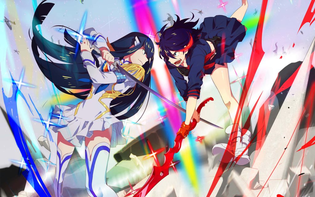 Kill la Kill Satsuki Kiryuin vs Ryuko Matoi epic sword battle vibrant anime wallpaper background