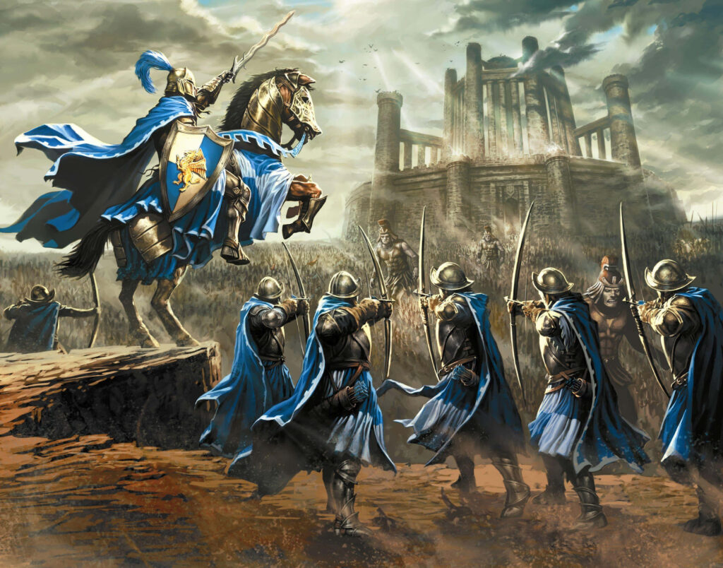 Armored knights in blue capes led by commander on horseback near ruined fortress under stormy sky Wallpaper