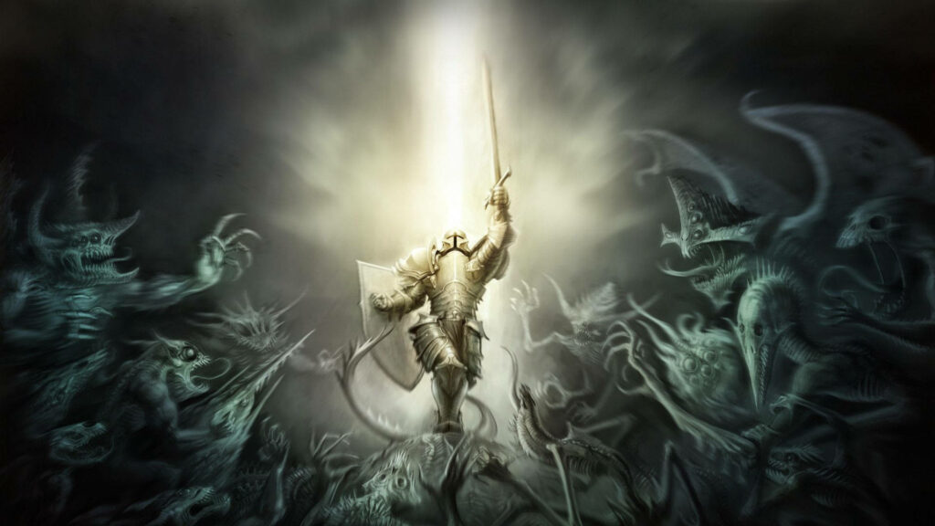 Epic Knight Battle Wallpaper: Heroism Against Demonic Hordes