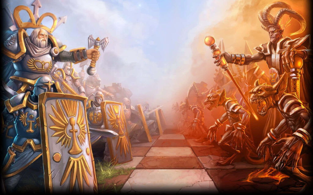 Epic battle scene wallpaper knights versus demonic warriors on chessboard battlefield under dramatic sky