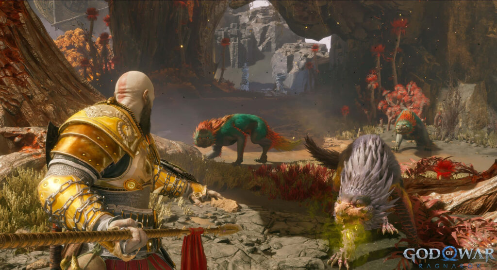 Kratos Battles Mythical Beasts in Lush God of War Ragnarok Wallpaper