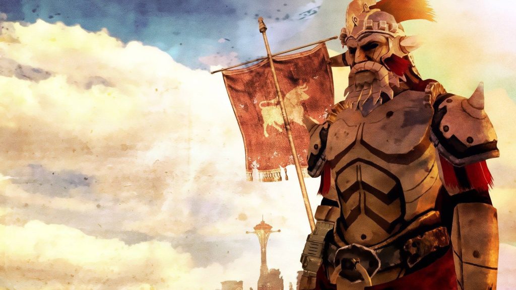 Legate Lanius in spiked armor beside Caesar's Legion flag and Lucky 38 in Fallout New Vegas wallpaper