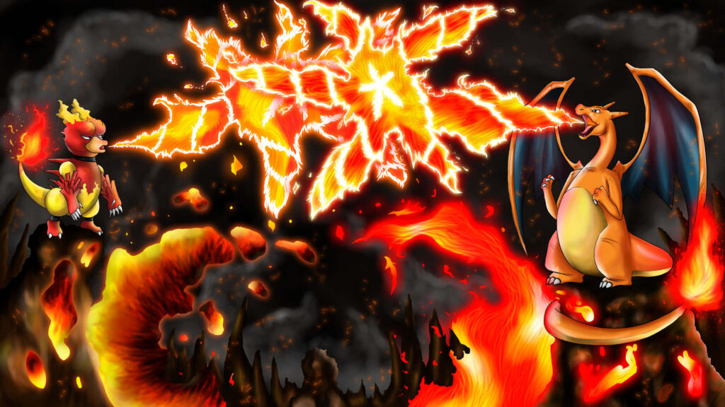 Epic battle between Magmar and Charizard with intense flames fiery Pokémon wallpaper background
