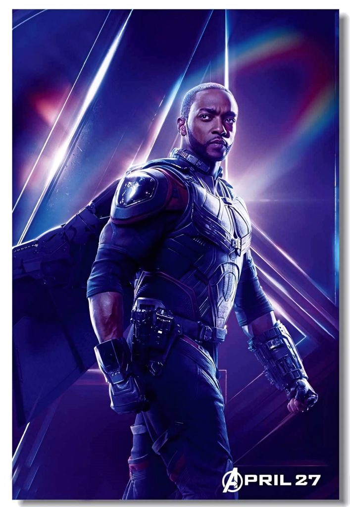 Anthony Mackie as Falcon in tactical suit with folded wings neon blue purple Marvel wallpaper