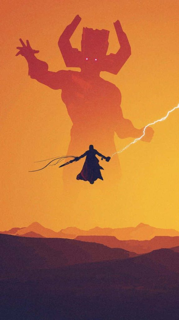 Minimalist Marvel wallpaper showing Galactus looming over Thor with Mjolnir at sunset