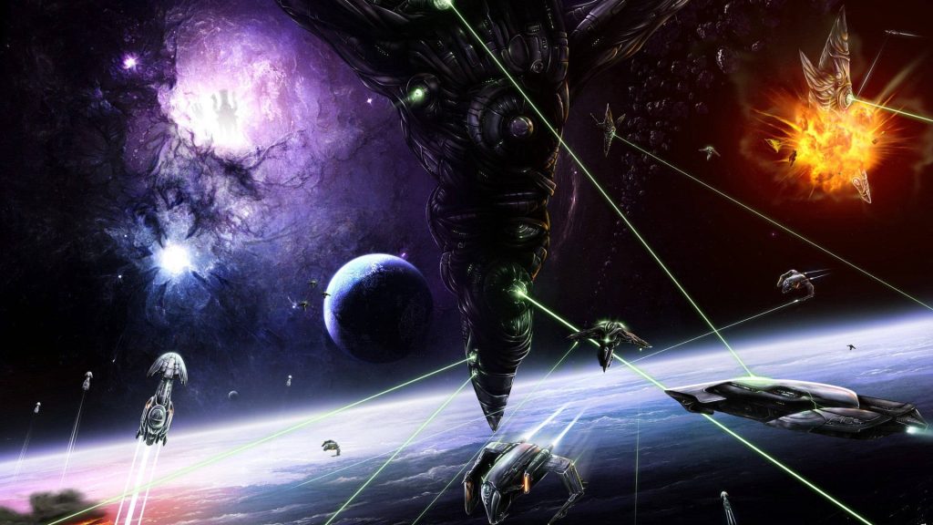 Epic space battle with Mass Effect Reaper warship firing green lasers over purple nebula orbit Wallpaper