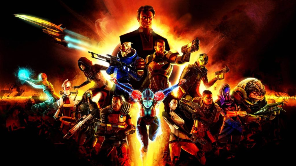 Mass Effect digital art with Commander Shepard Garrus Tali EDI and Illusive Man fiery backdrop Wallpaper