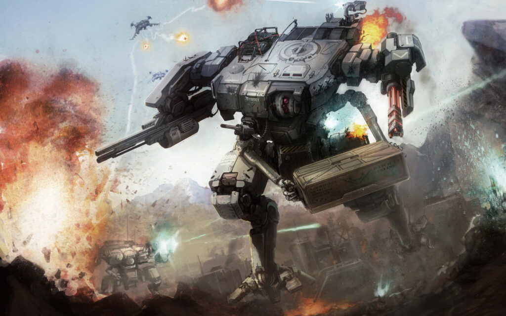 Colossal mech warrior firing heavy weapons in explosive BattleTech universe epic battle wallpaper