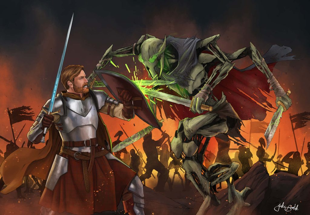 Epic medieval battle digital art of General Grievous versus Jedi Knight on fiery battlefield background Wallpaper