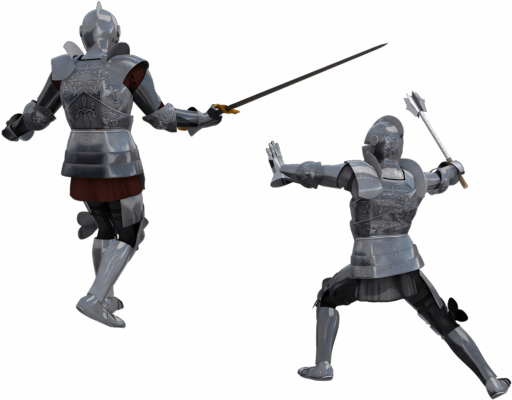 3D render of two medieval knights in full armor dueling with swords intense battle scene wallpaper