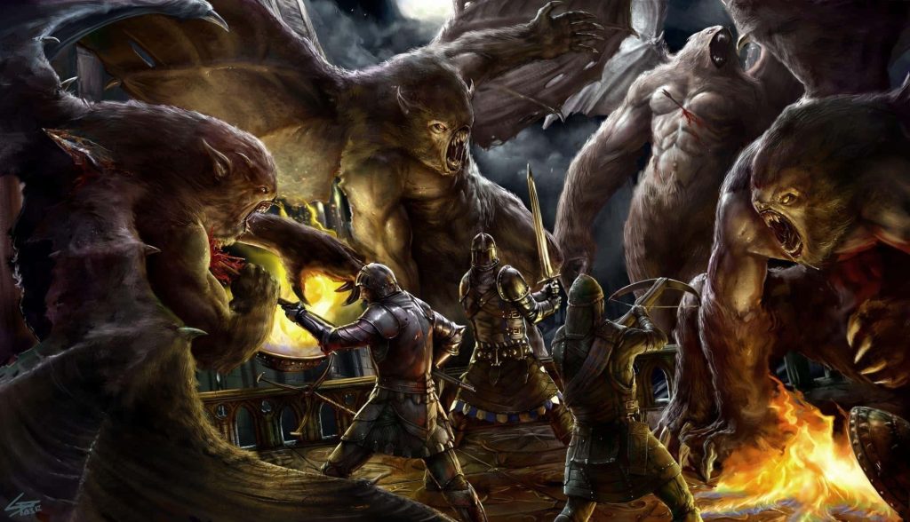 Epic fantasy battle with armored knights fighting winged demons on dark fortress walls Wallpaper