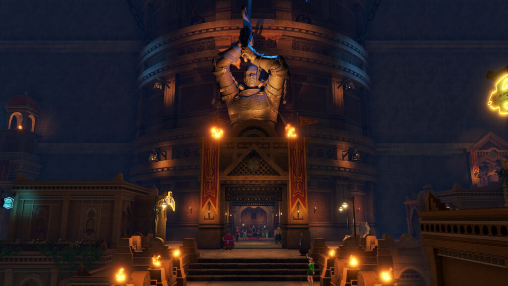 Epic Medieval Night Scene: Grand Structure & Armored Statue Wallpaper